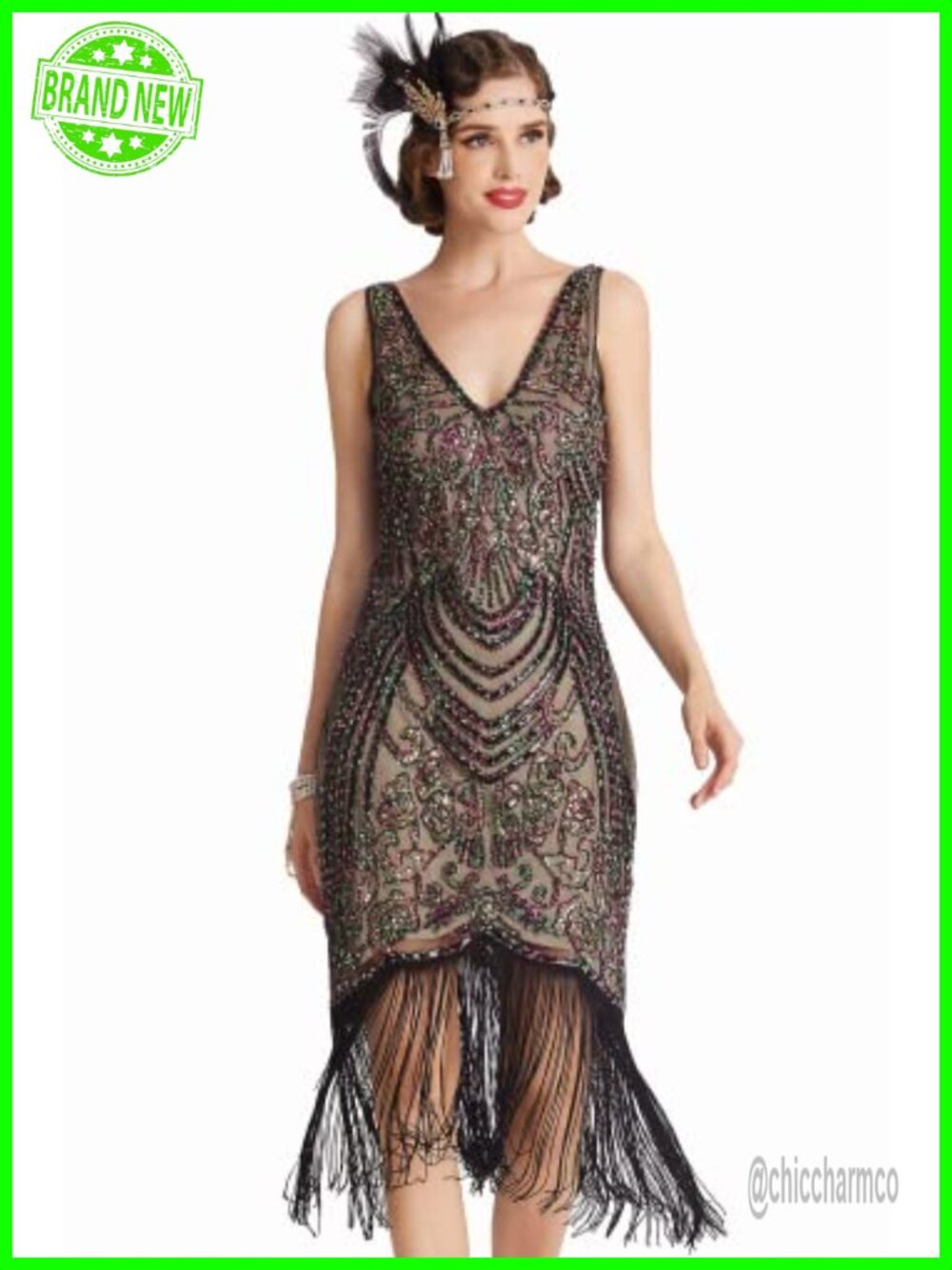 Beaded Fringed Flapper Dress V Neck Sleeveless 1920s Gatsby